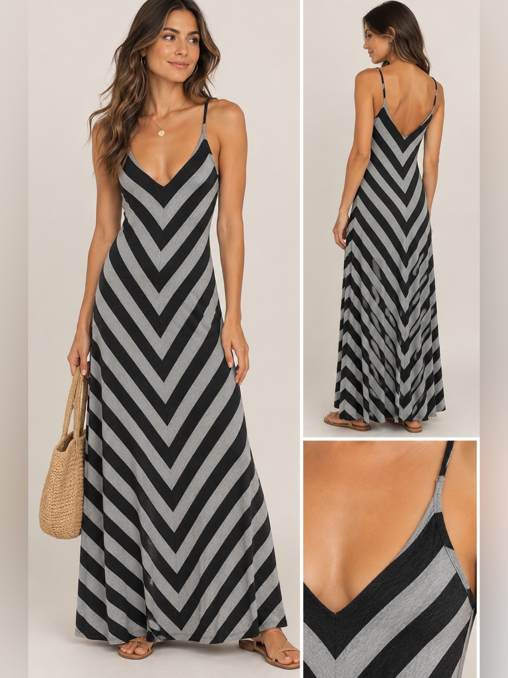Matty M Small Chevron Striped Maxi Dress Black Gray Deep V Neck